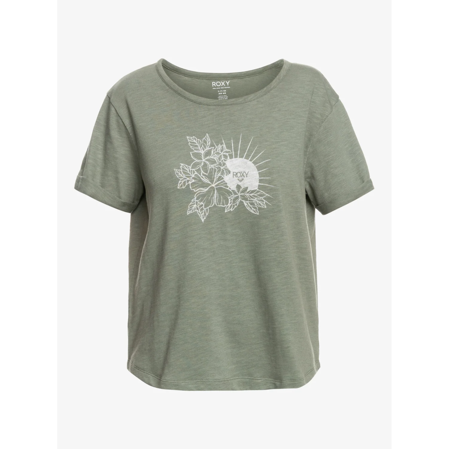 Damen-T-Shirt, Rundhalsausschnitt, Kurzarm, Salbeigrün, Blumenprint