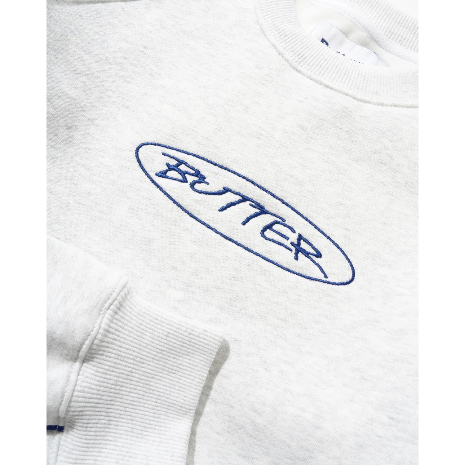 Sweat-shirt, col rond, blanc, logo brodé bleu, bords-côtes