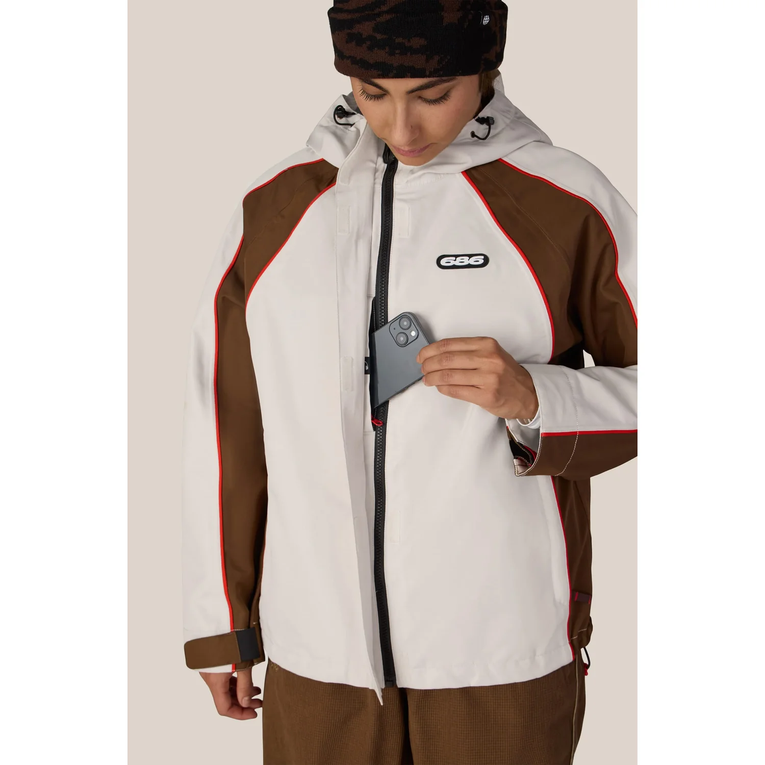 Veste de ski, capuche, fermeture éclair, blanc-marron, passepoils rouges