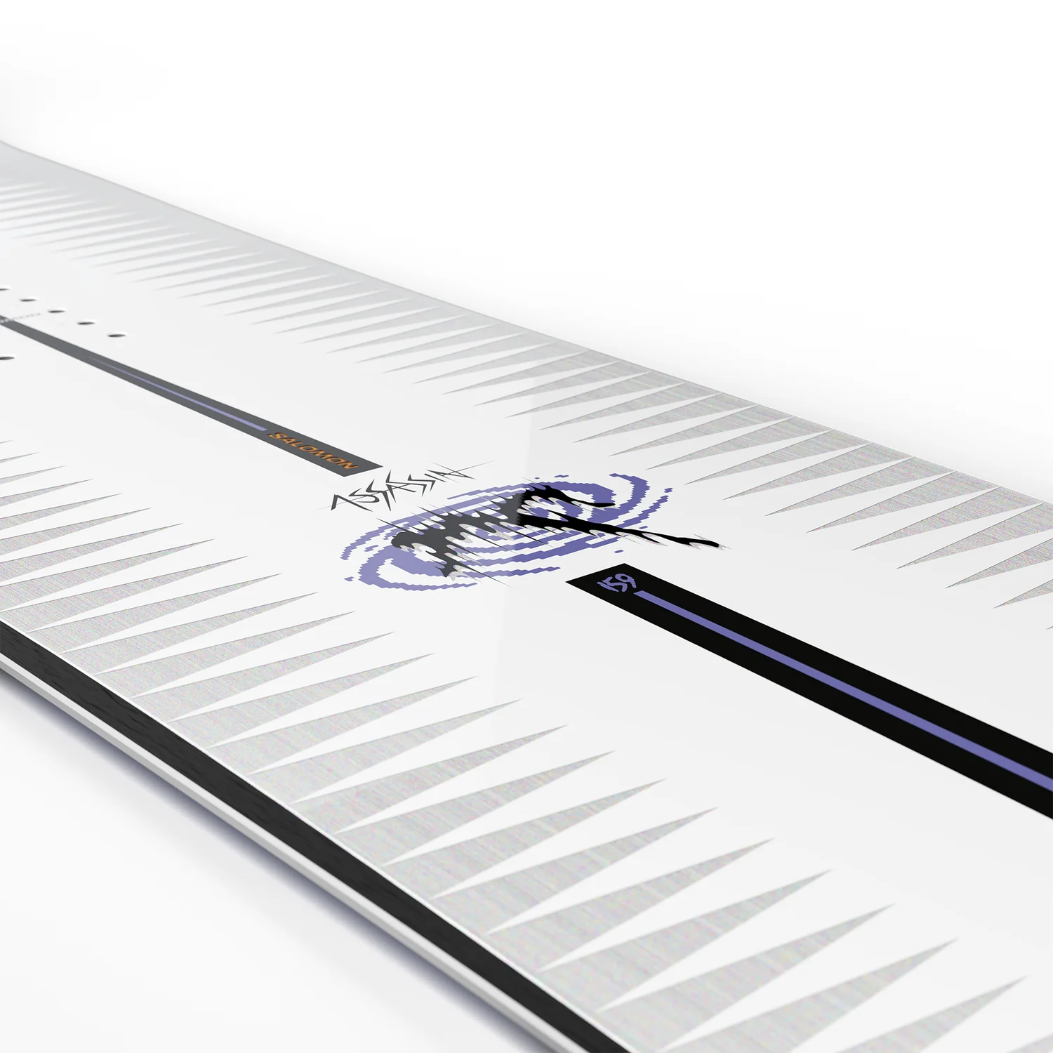 Assassin snowboard, graphic, white, black, purple, Snowboard, weiße Oberfläche, violette Grafik, schwarze Streifen, geometrisches Muster