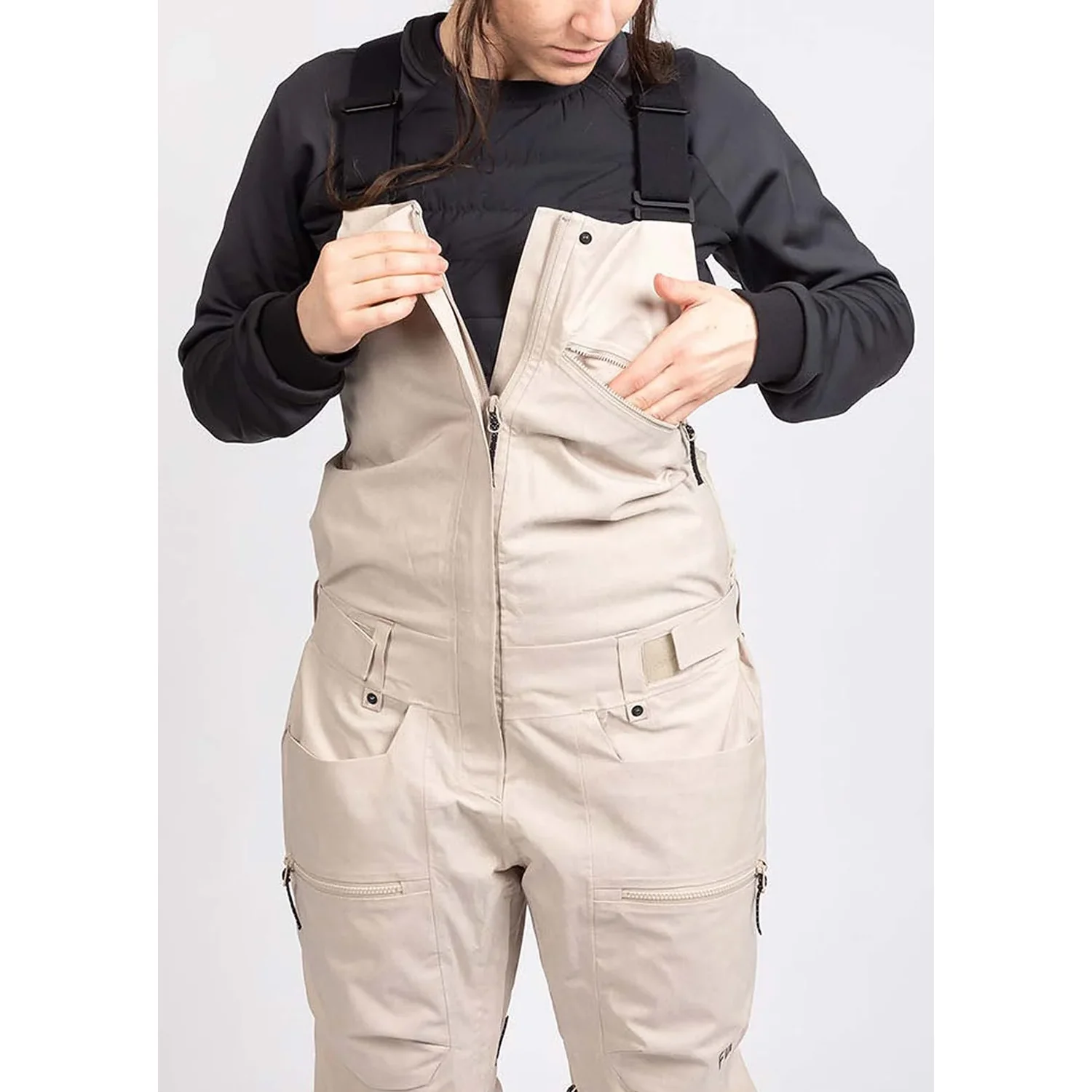 W Manifest Lined 2L Bib Latzhose, Skihose, Beige, Träger, Reißverschlusstaschen