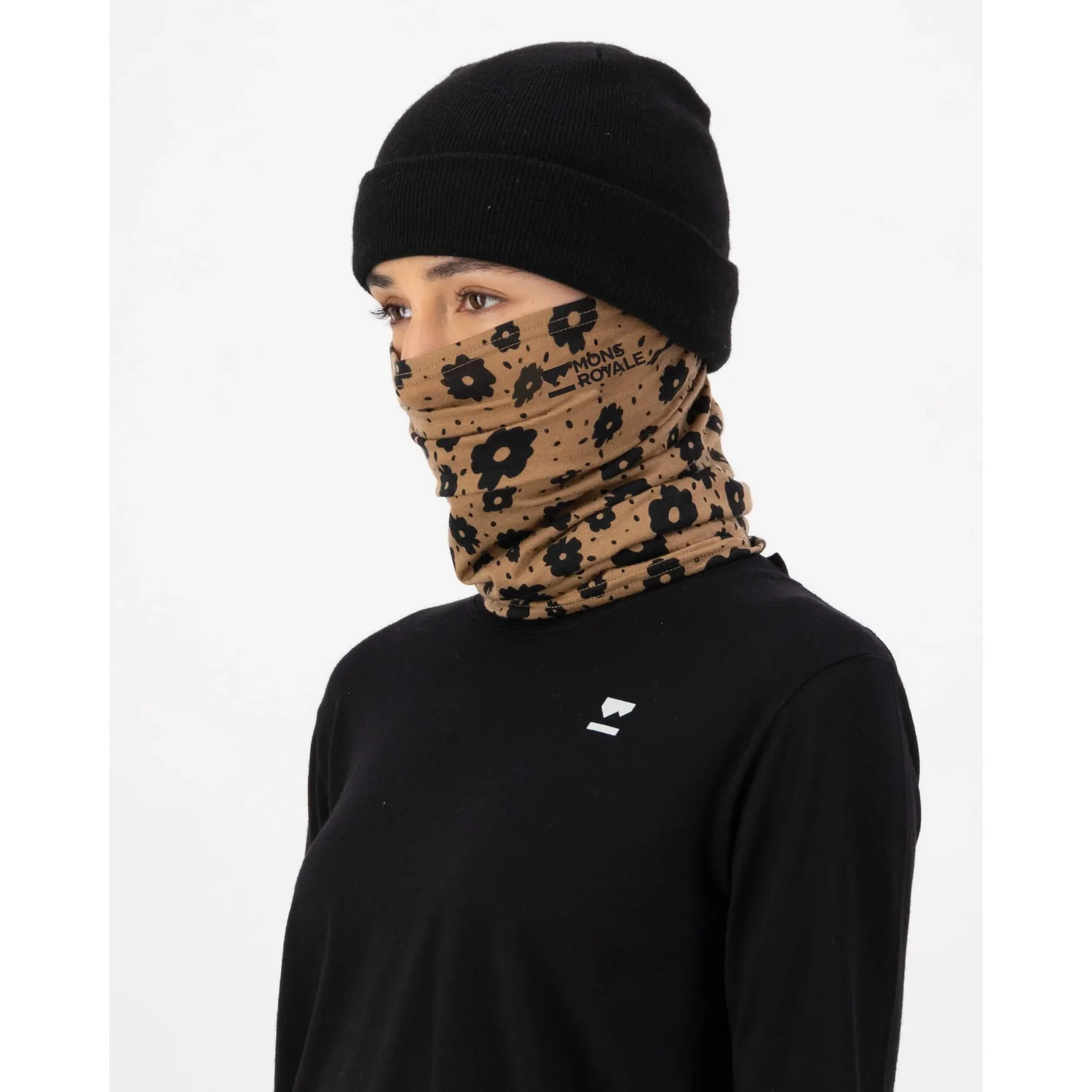 Schlauchtuch, Halstuch, Blumenmuster, Braun-Schwarz, Strickmütze