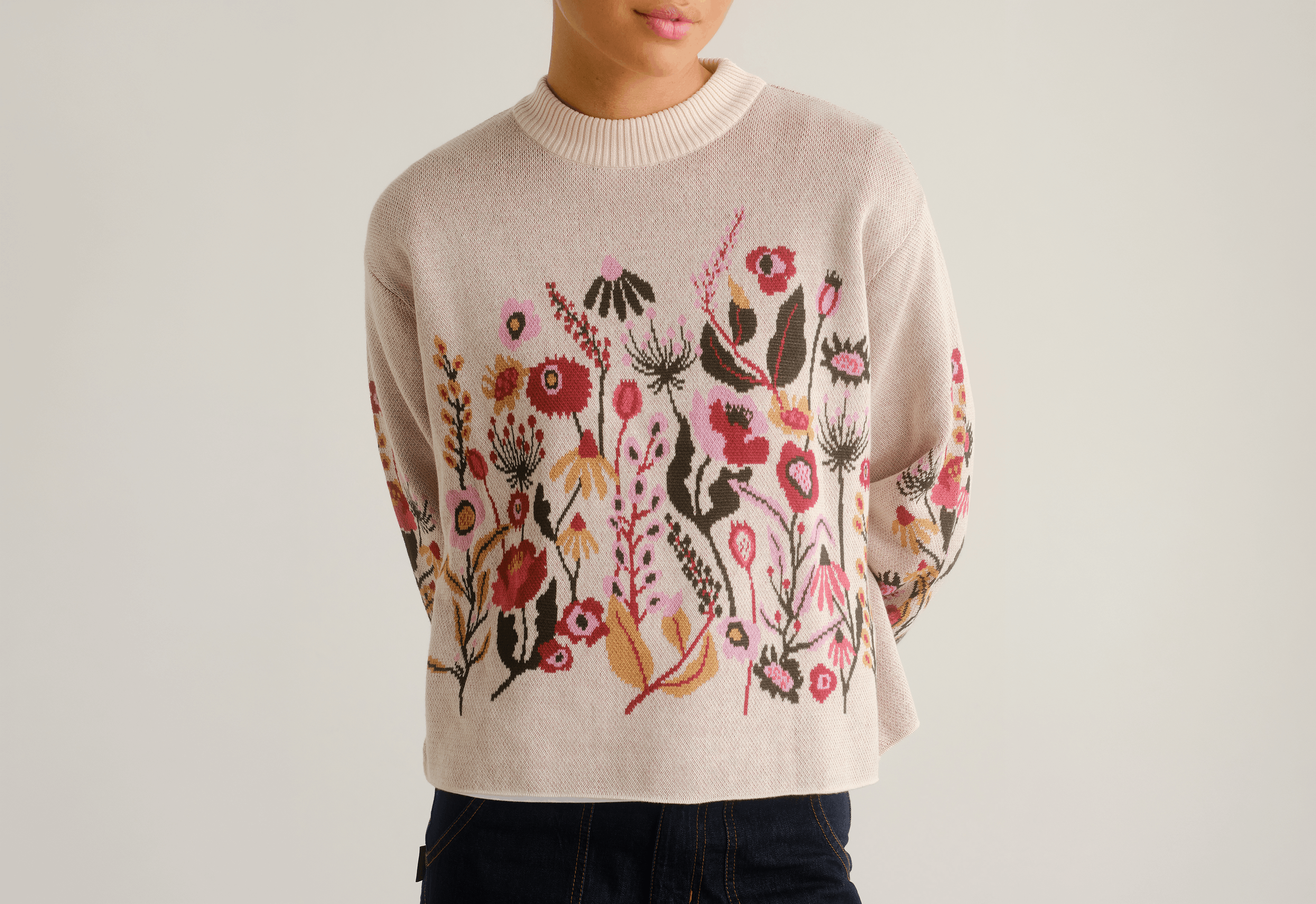 Pullover, Blumenmuster, Grobstrick, Beige, Rundhals
