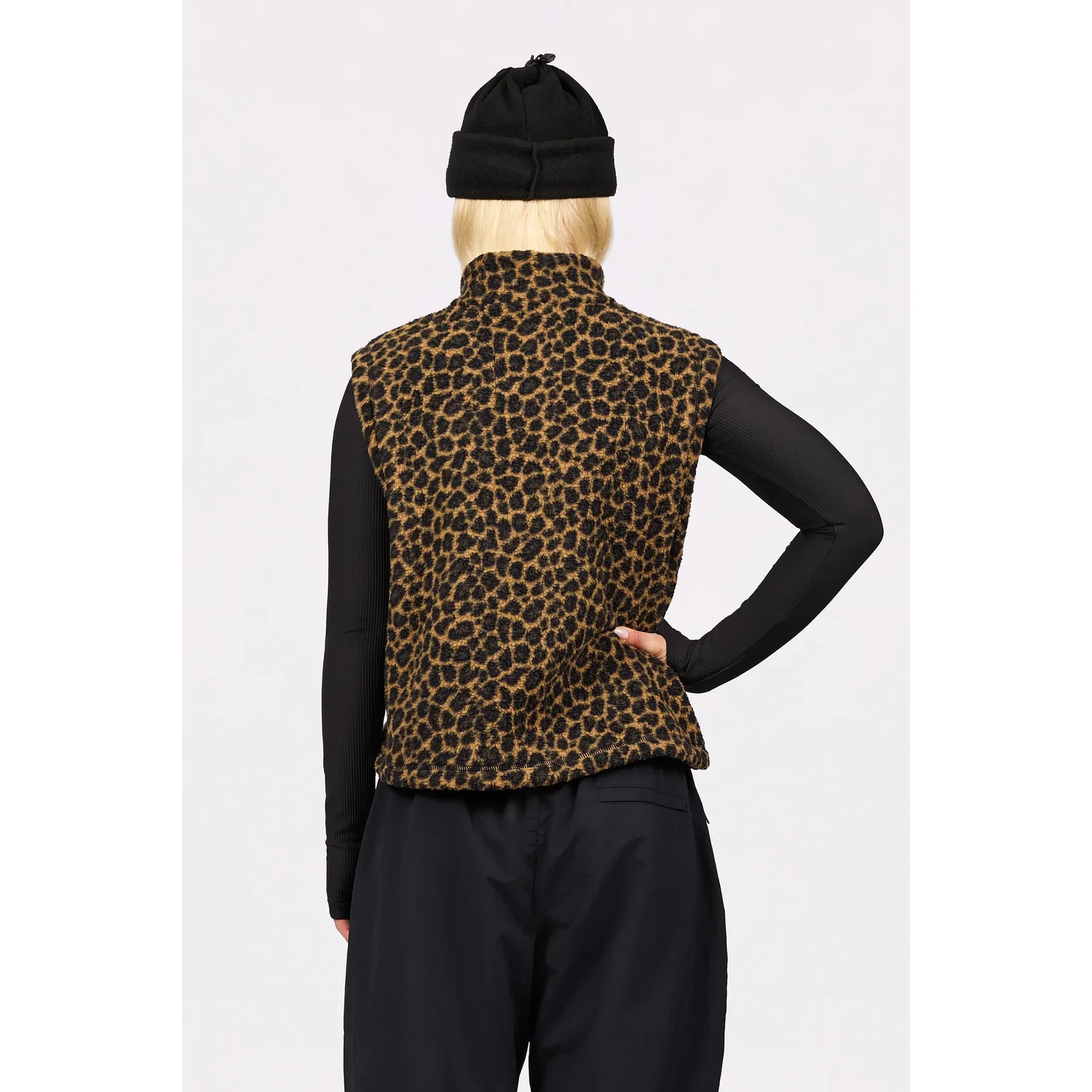 Leopardenprint, Weste, Texturfleece, Tiermuster, Musterweste, Damenweste, Leopardenmuster, Ärmellos, Stehkragen, Schwarz-Braun