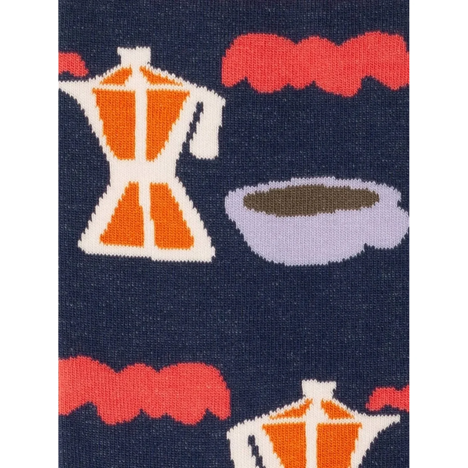 Tissu tricoté, bleu foncé, motif de cafetières, motif de tasses, orange-rouge