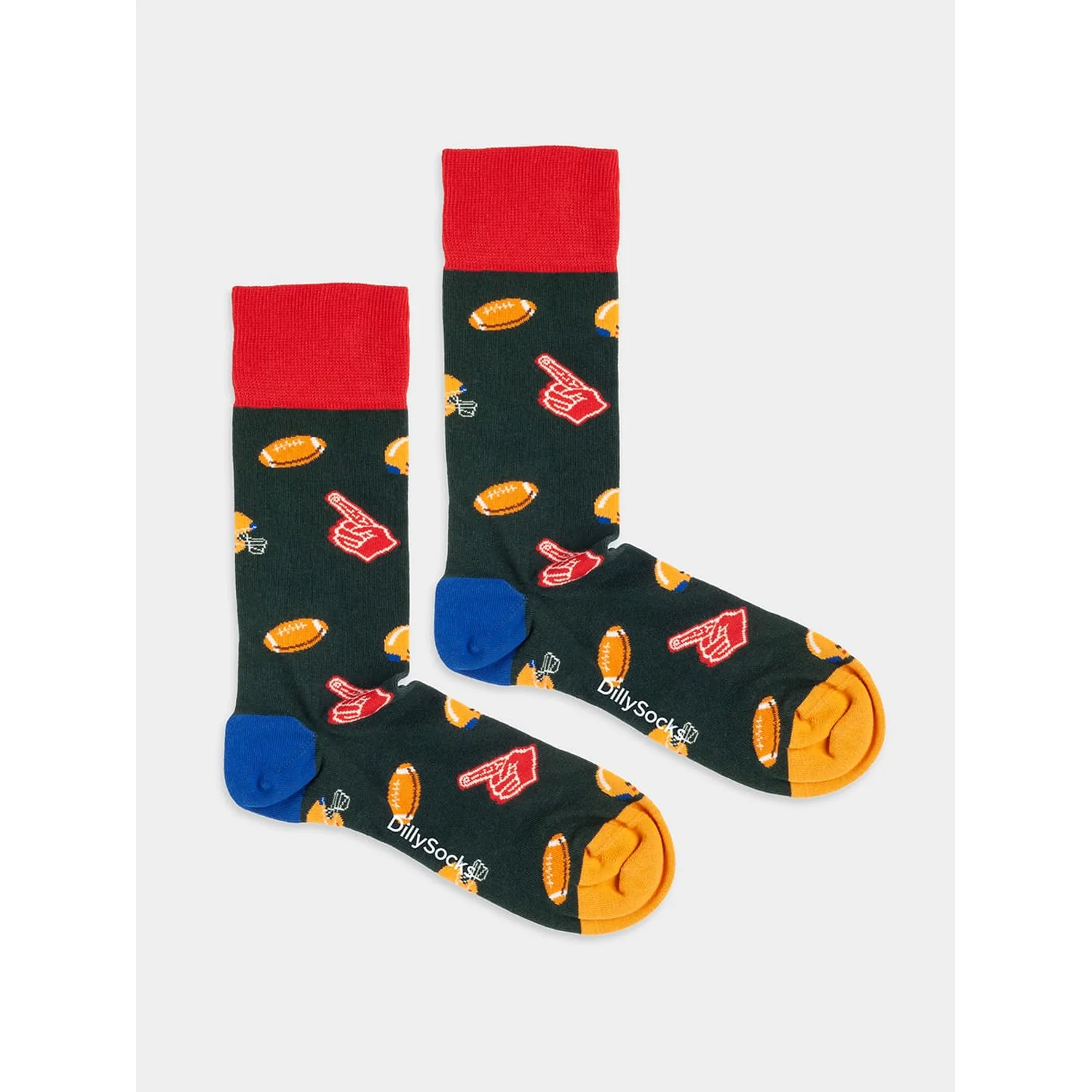 Quarterback Chaussettes, motif football, vert foncé, bords-côtes rouges, talon et pointe colorés
