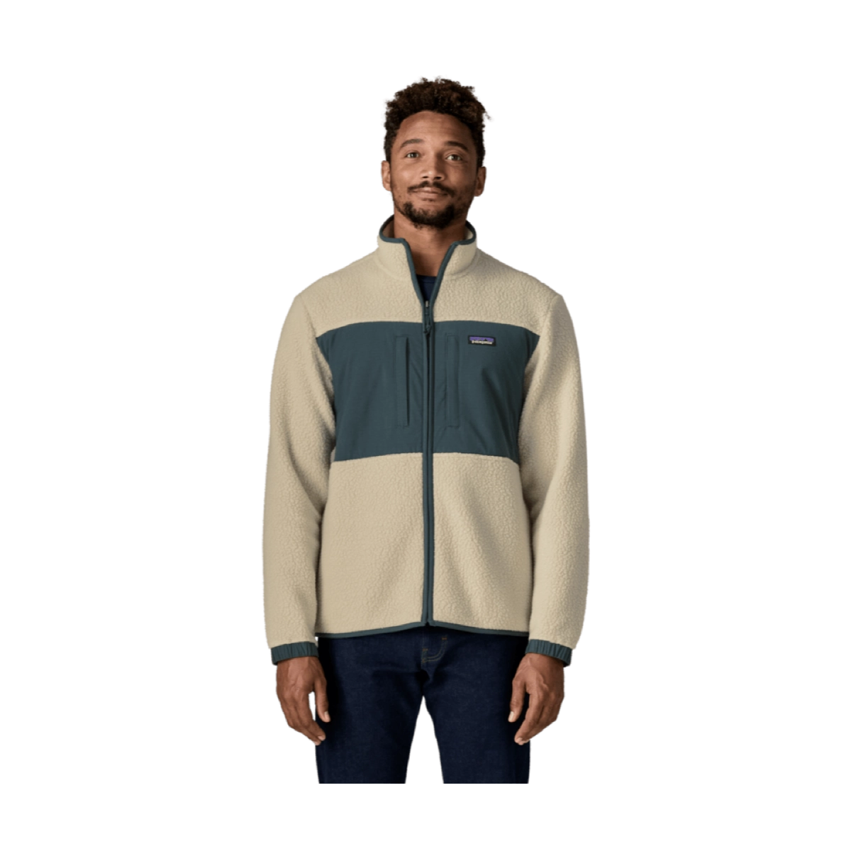 M'S Retro Pile Patch Jkt Veste polaire, demi-fermeture éclair, bloc de couleurs, beige, empiècement bleu-vert