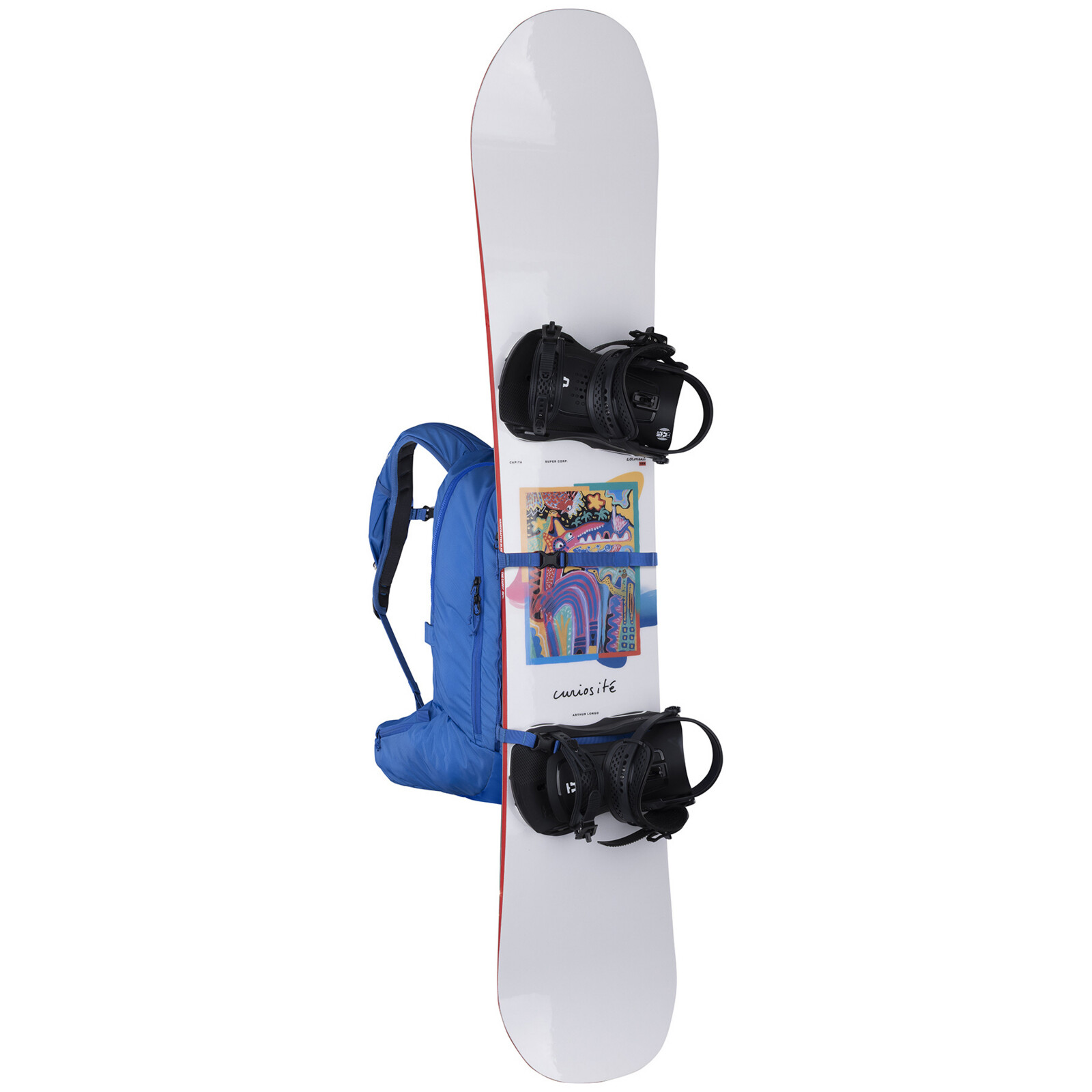 Line 22L E2 Avalanche Snowboard, fixations de snowboard, sac à dos bleu, fixations, motif imprimé