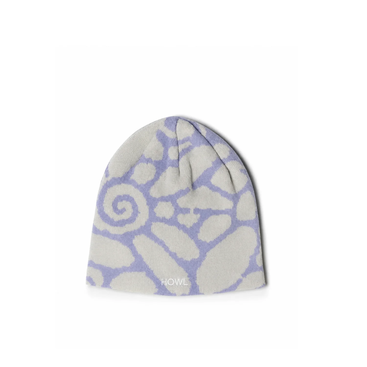No Cuff Beanie Bonnet, tricot, motif violet, motif girafe, logo Howl, bonnet en tricot, motif couleur lilas, couleur crème, motif abstrait
