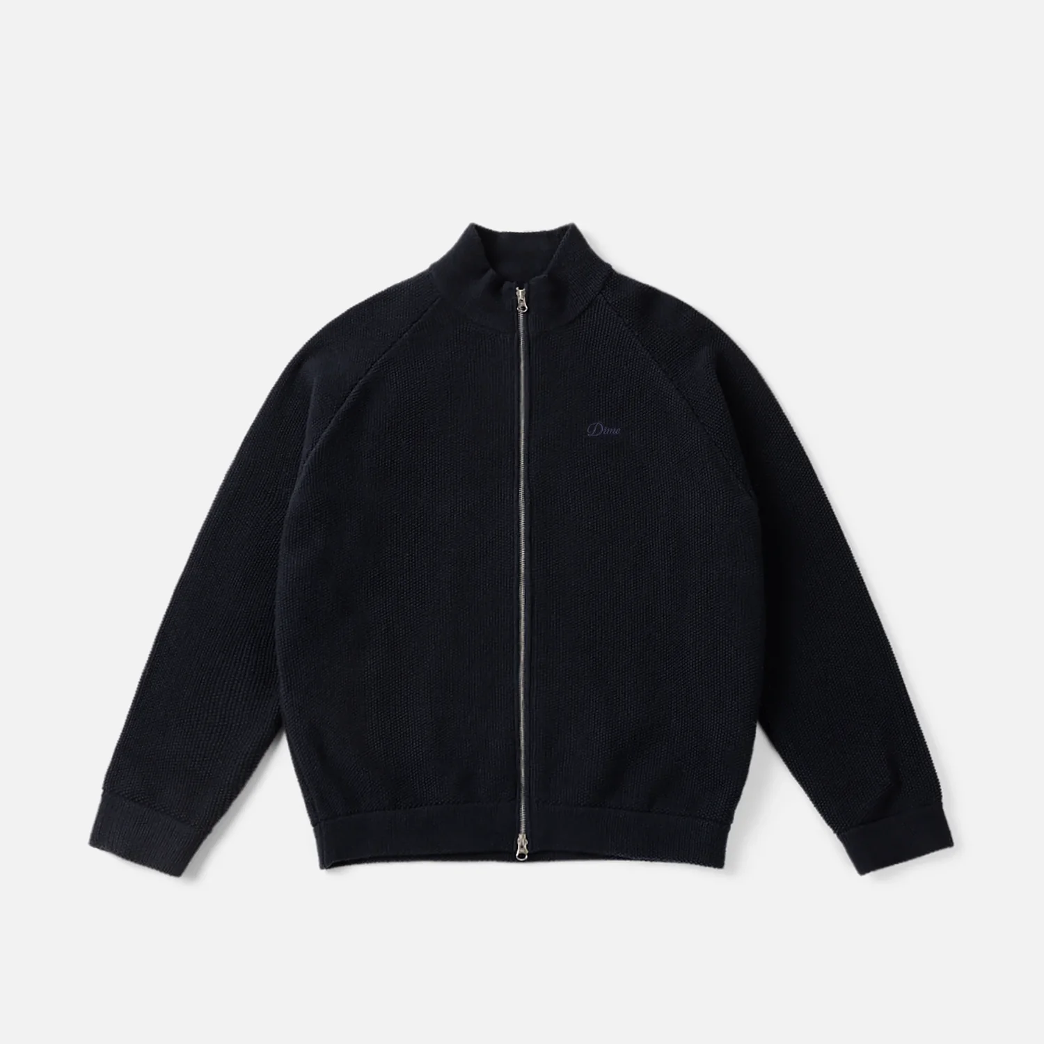 Knitted Pique Zip Sweater Cardigan, noir, fermeture éclair, col montant, bords-côtes