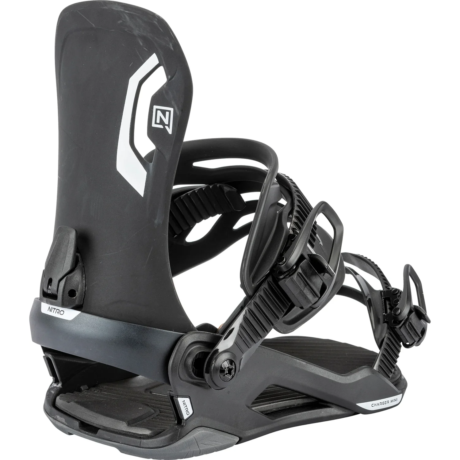 Charger Mini Box Youth Fixation de snowboard, noire, en plastique, fermeture à cliquet, spoiler haut