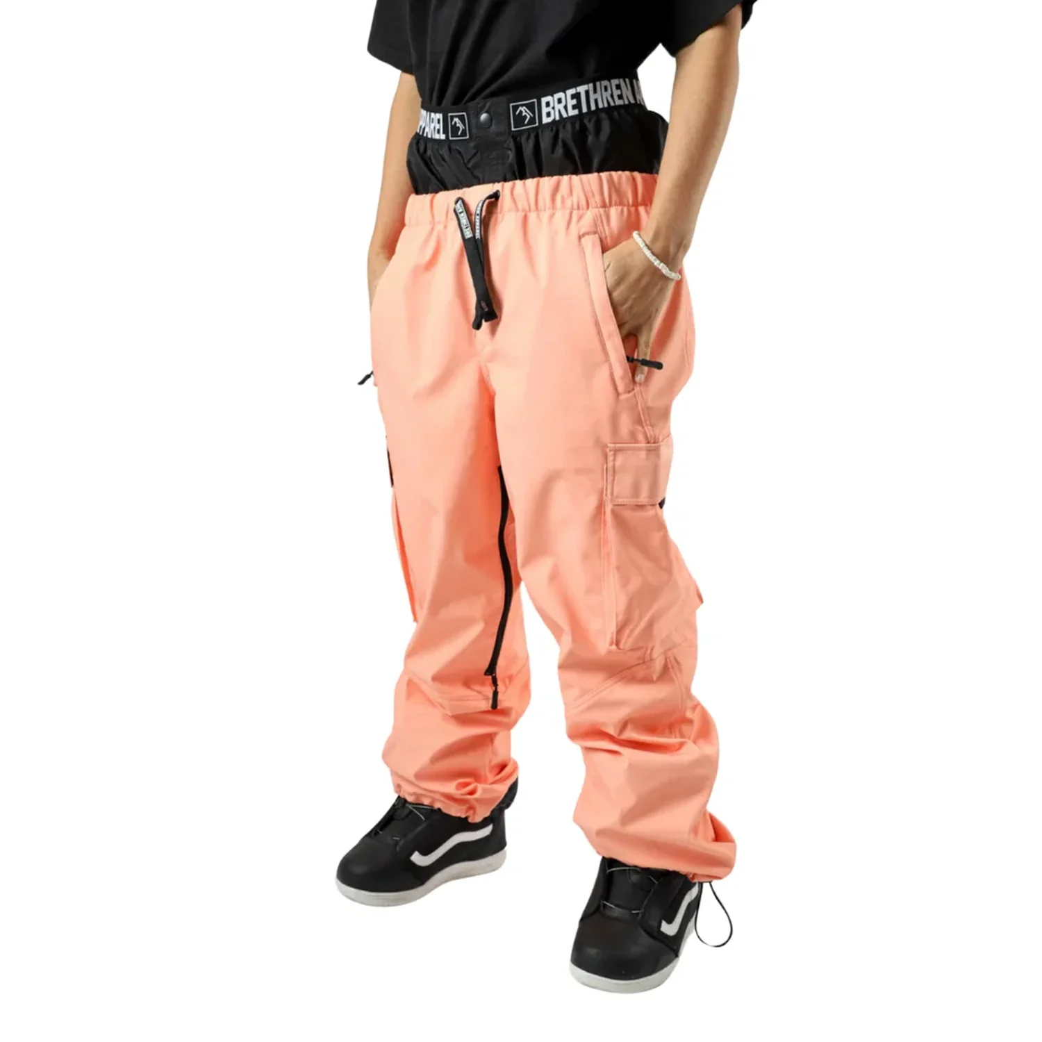 Pantalon cargo, rose saumon, taille élastiquée, poche latérale, détails de fermeture éclair