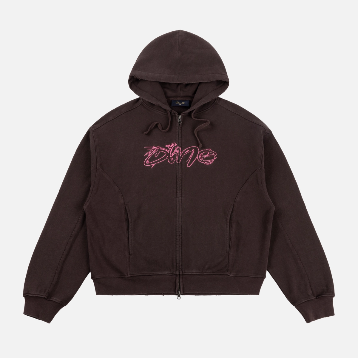 sweat à capuche, fermeture éclair, broderie rose, cordon, marron foncé, sweat à capuche, fermeture éclair, pull, capuche, motif rose