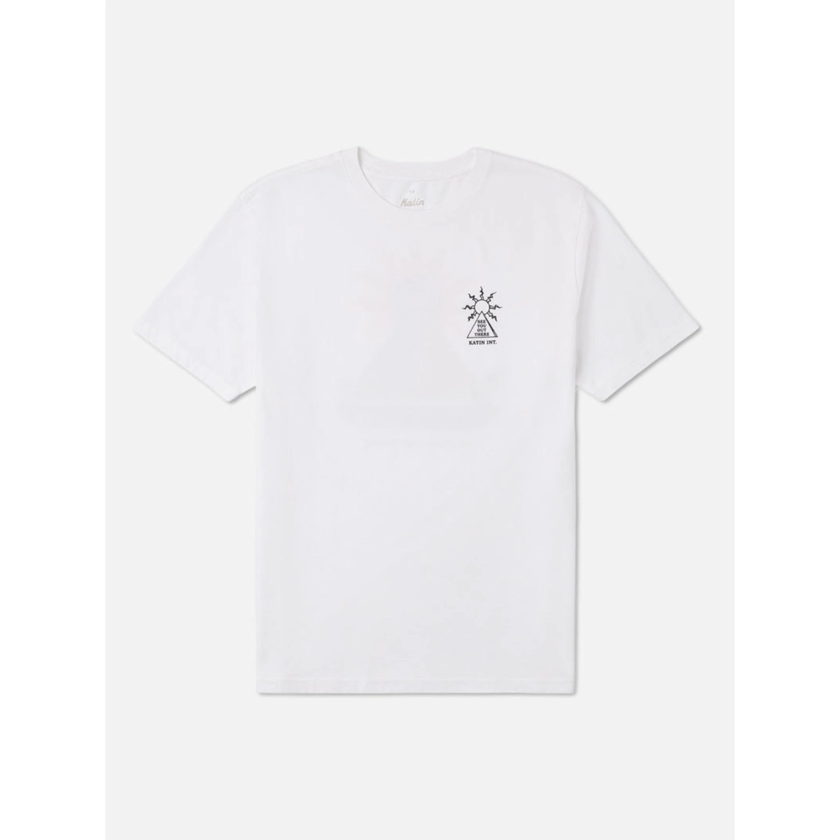 RisingTee weißes T-Shirt, Kurzarm, Rundhals, kleines Logo, Baum/Blitz Grafik