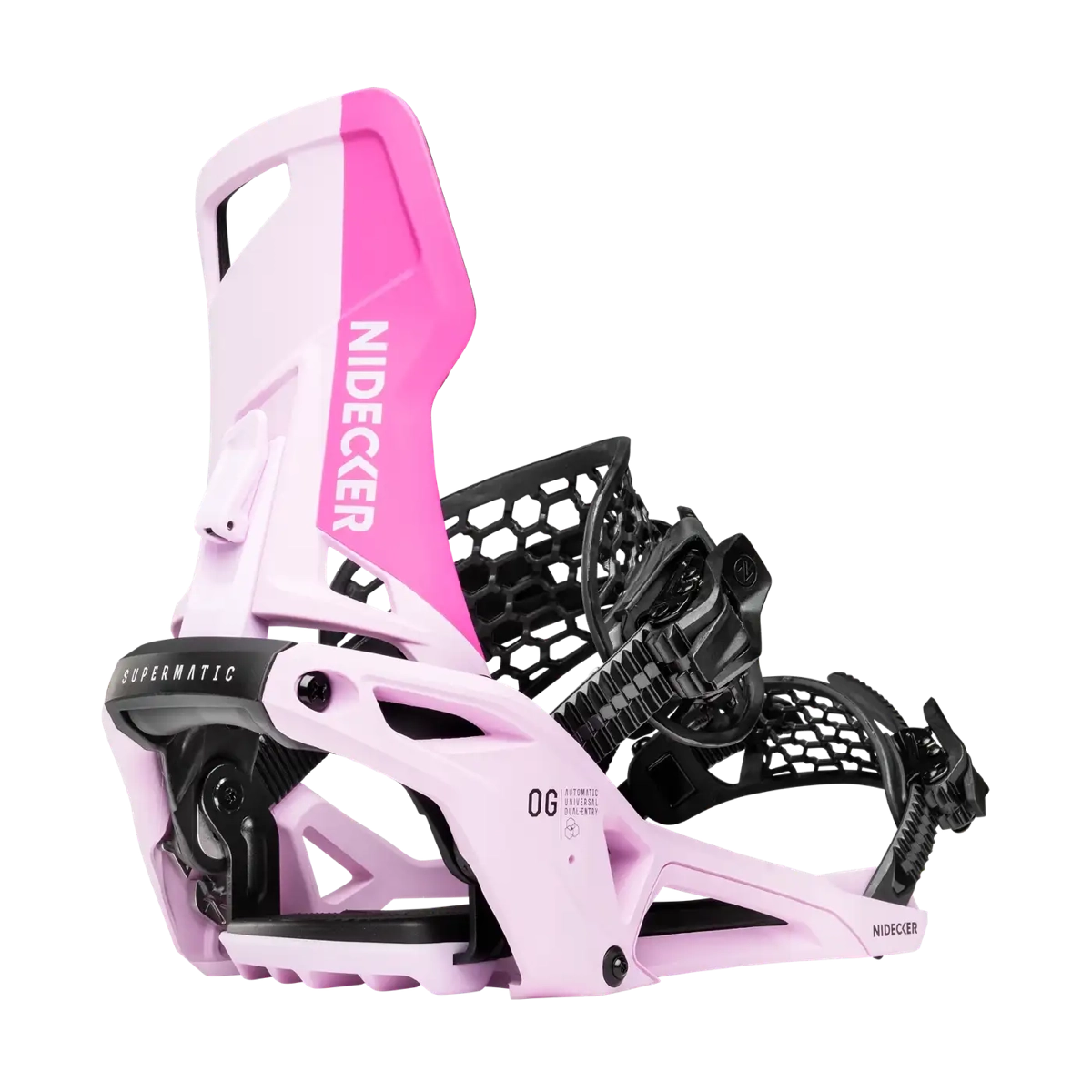 Og Supermatic® Fixation de snowboard, fixation rose, Nidecker, cadre en plastique, sangle de cheville, fixation de snowboard, fixation rose, Nidecker, fixation réglable, highback, plaque de base en plastique