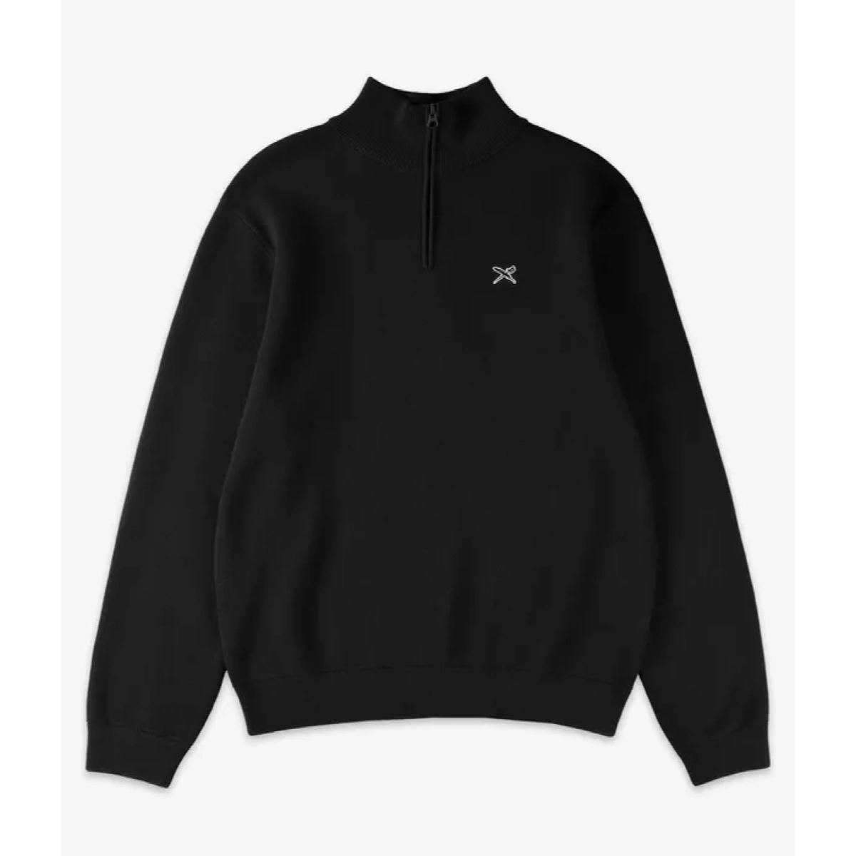 Heavy Flag Knit Troyer Pullover, Schwarz, Reißverschluss am Kragen, lange Ärmel, kleines Logo