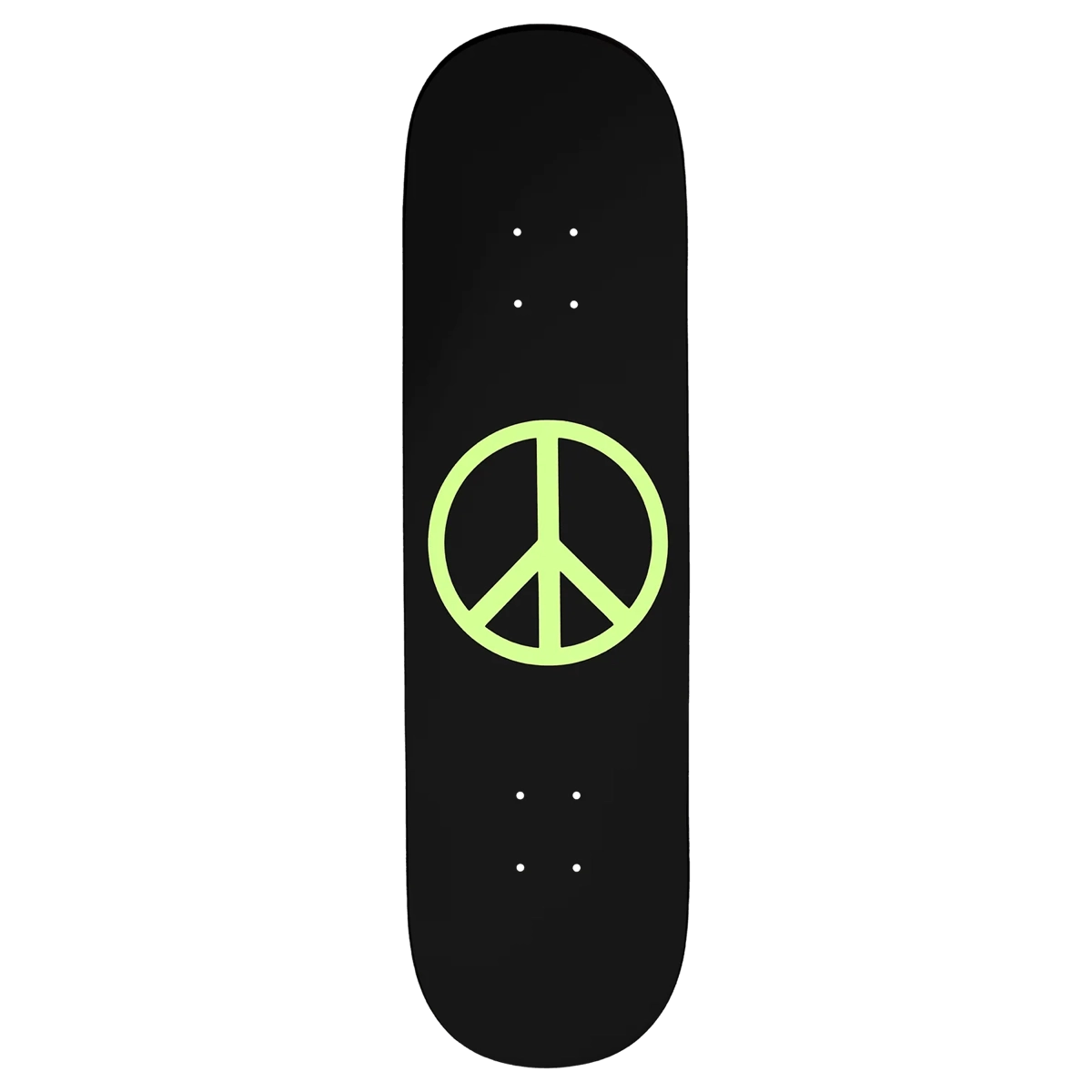 Glow in the Dark Peace WHT 8.2 skateboard, symbole de la paix, vert fluo, planche noire, design « crew », skateboard, planche de skateboard, graphisme, symbole de la paix, noir