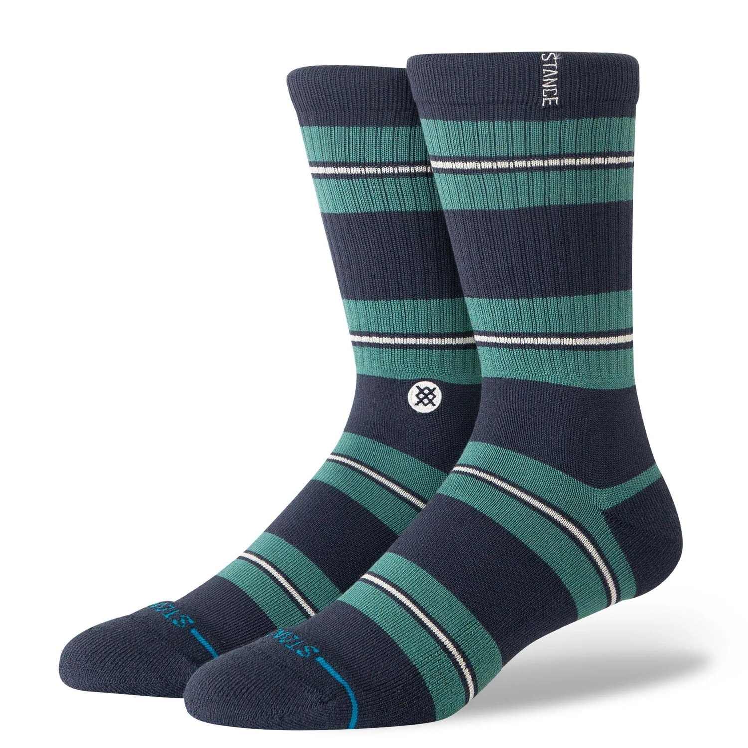 Caesar Stripe Crew Chaussettes, maille côtelée, rayées, bleu foncé et turquoise, col rond