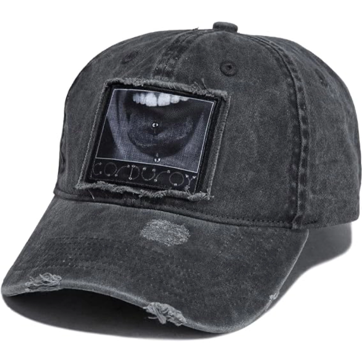 Casquette de baseball, denim vieilli, écusson, noir délavé, écusson sur la visière