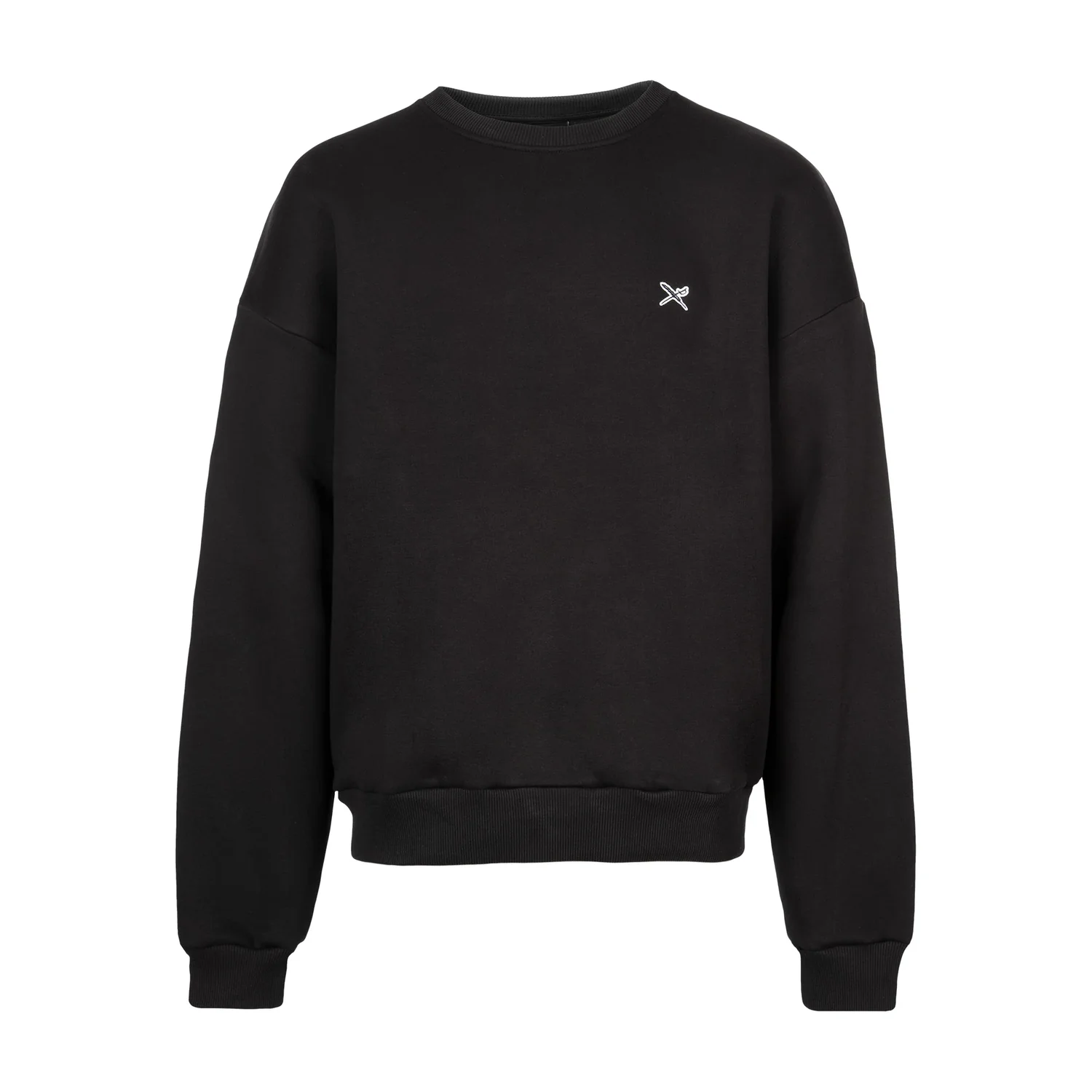 Sweat-shirt, noir, col rond, épaules tombantes, broderie sur la poitrine