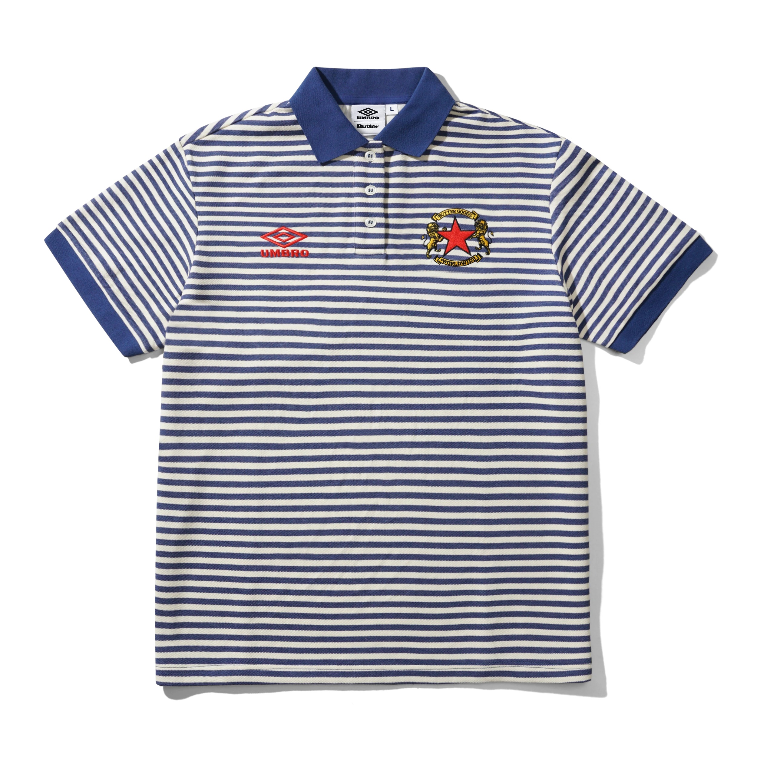  stripped-polo, striped polo, blue white stripes, embroidery badge, short sleeve polo