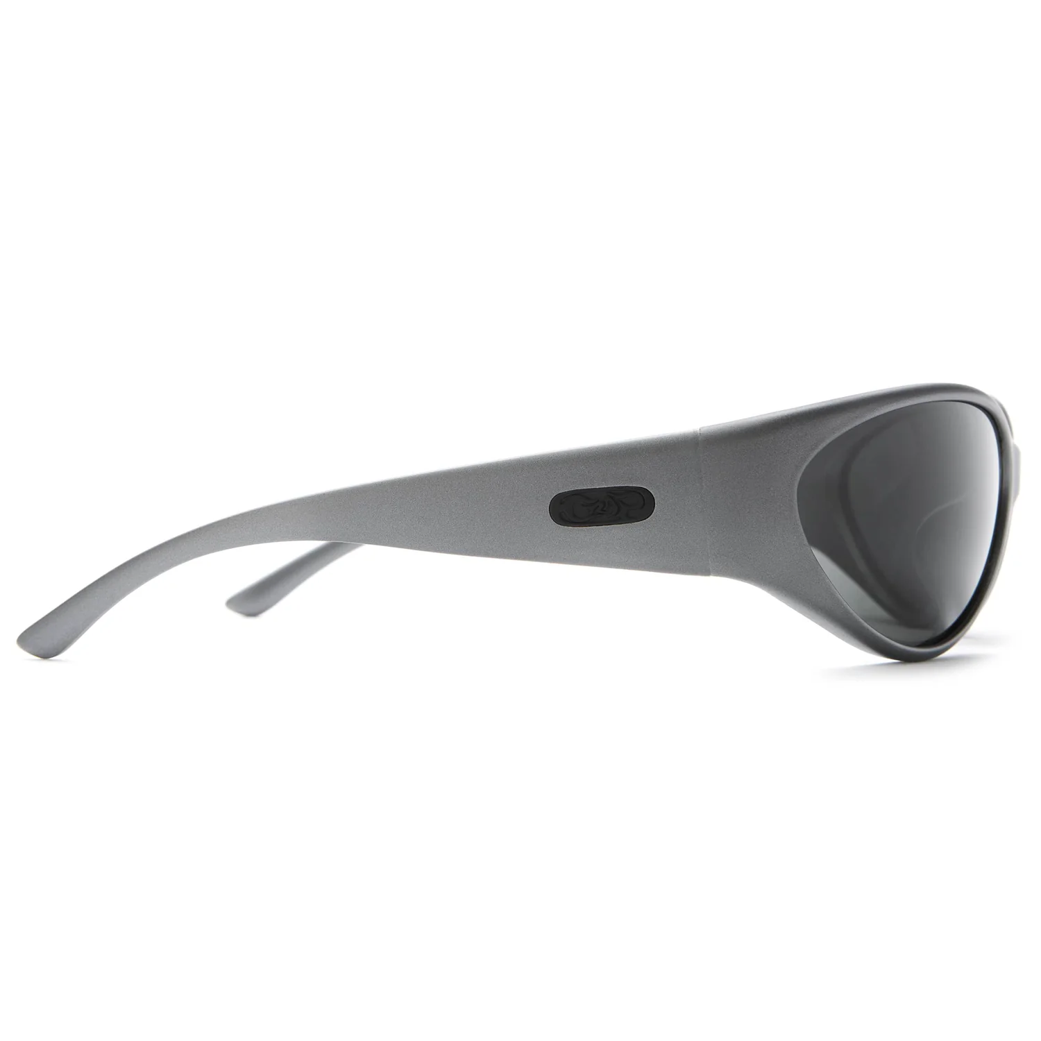 Sonnenbrille, graues Gestell, dunkle Gläser, Kunststoffgestell, gebogene Bügel