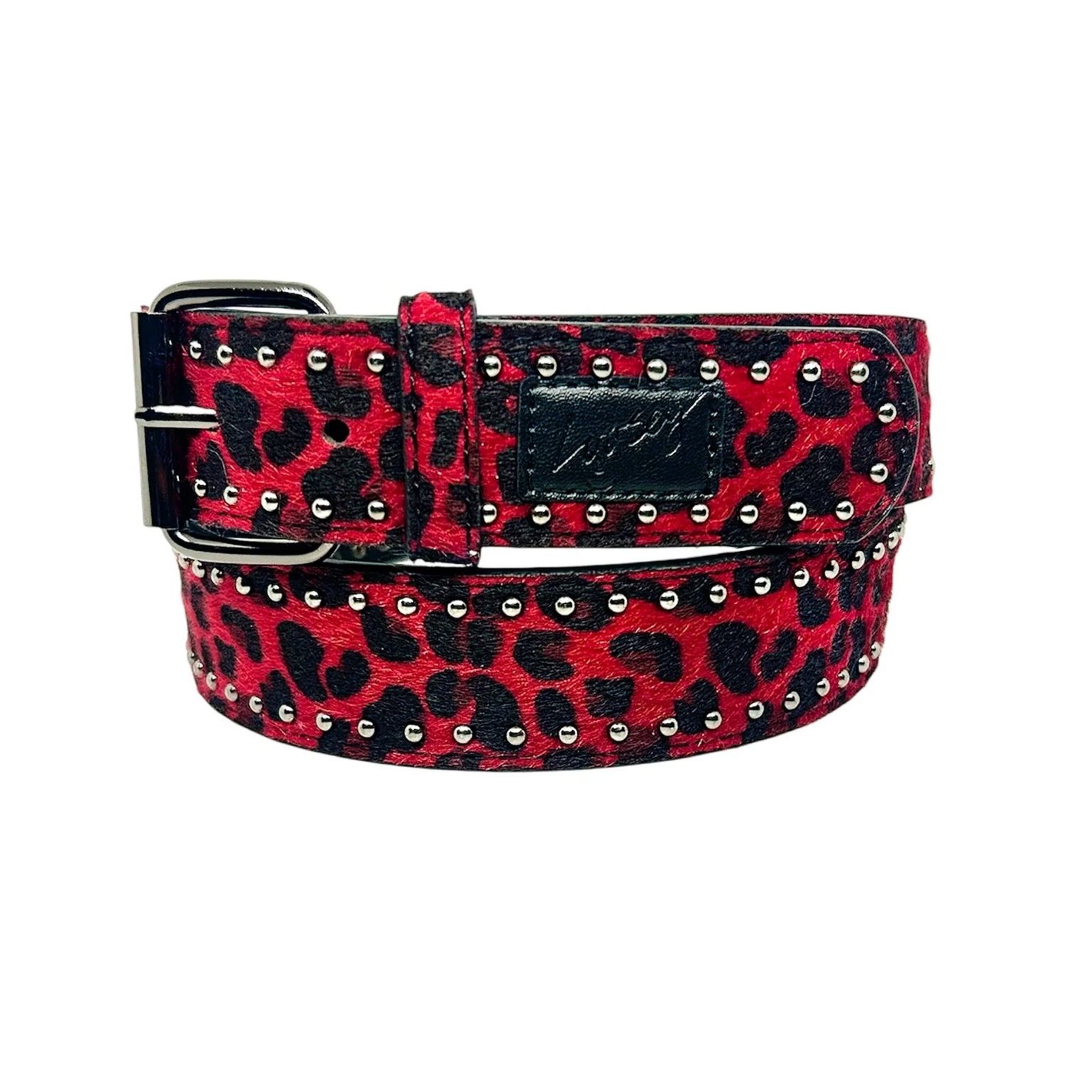 Ceinture, cuir, motif léopard, rouge, rivets