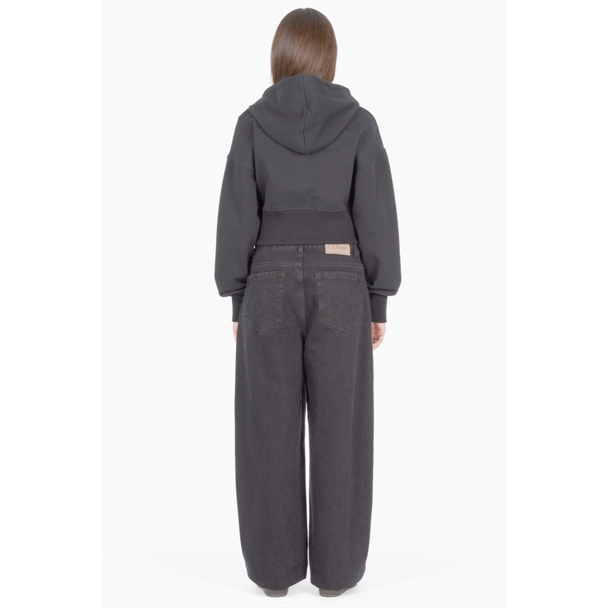 Hose, Jeans, Hohe Taille, Schwarz, Hintertasche, Hoodie, Cropped, Dunkelgrau, Weite Jeans, Rückansicht