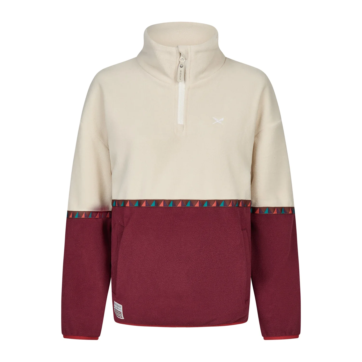 Holina Fleece Troyer Fleecepullover, Stehkragen, Reißverschluss, Cremeweiß und Bordeaux, Geometrisches Muster