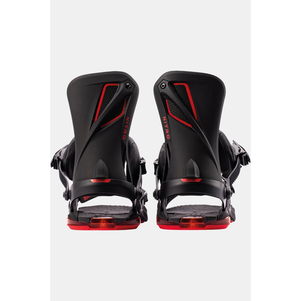 Snowboard-Bindungen, NITRO Bindungen, Schwarz mit Rot, Verstellbare Riemen, Highback kompatibel, Snowboard bindings, Heel strap, Red accents, Black bindings, Ankle straps