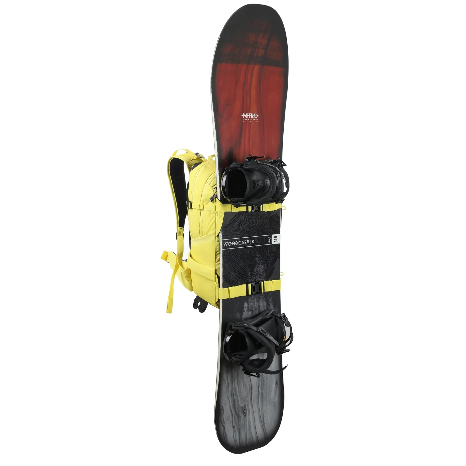 Slash 25 Pro Backpack Snowboard, Holzmaserung, Schwarz-Rot, Snowboardbindungen, Gelber Rucksack