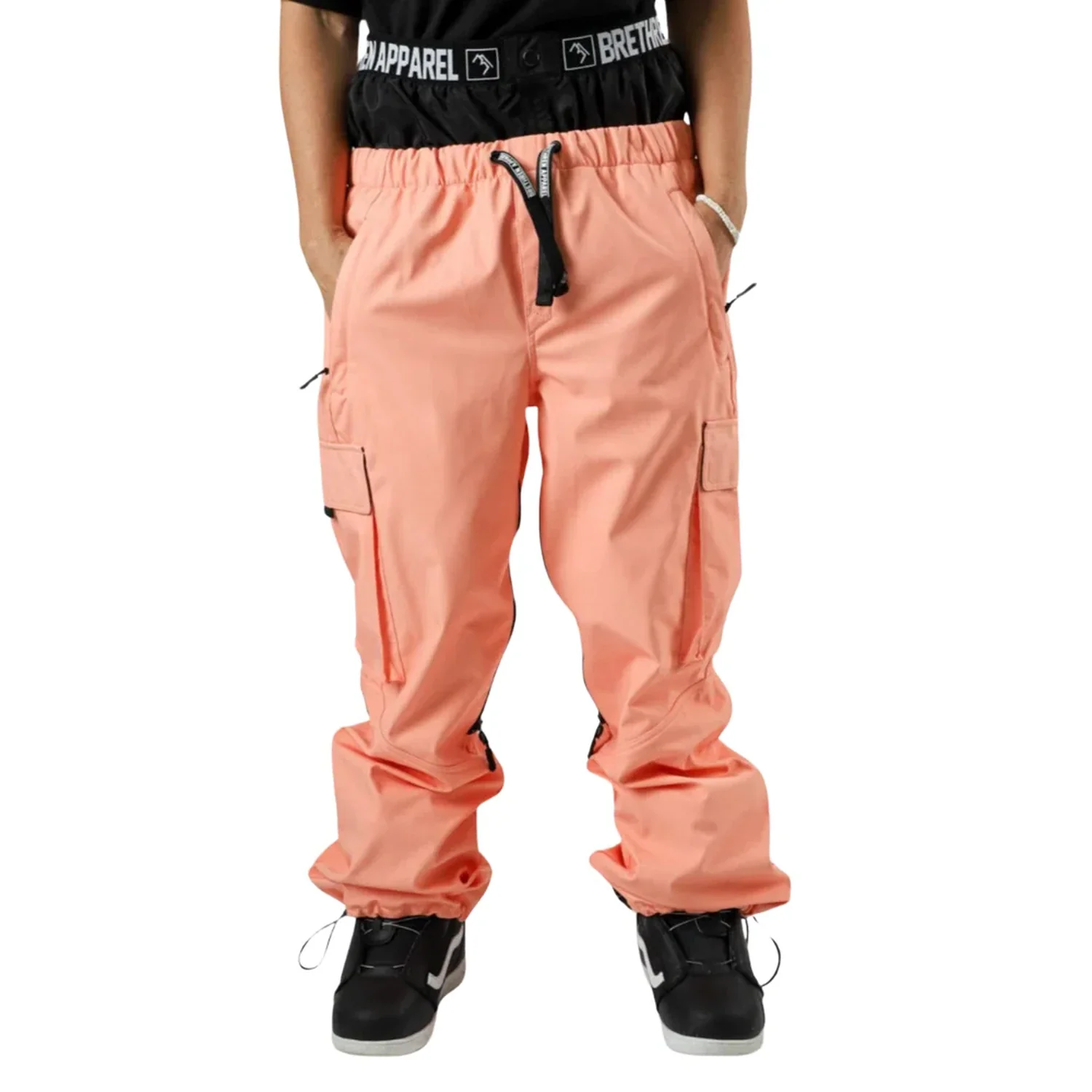 Pantalon cargo, rose saumon, taille élastiquée, poches latérales, cordon de serrage