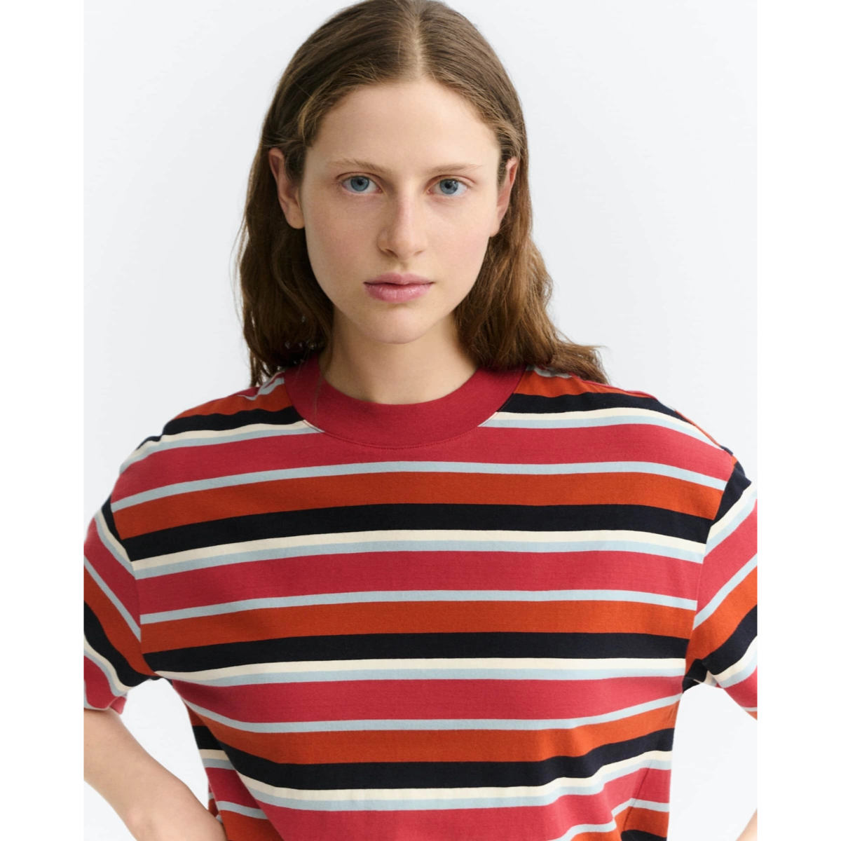 gestreift, Rundhals, rot, bunt, T-Shirt, T-Shirt, Streifen Shirt, Kurzarm, Rundhalsausschnitt, Mehrfarbig