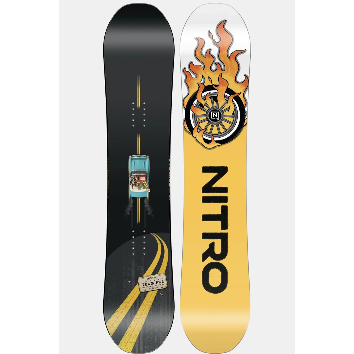 Future Team Pro MK Youth snowboard, graphisme, jaune, flamme, icône de voiture centrale, snowboard, graphisme, motif flamme, planches twin, jaune/orange