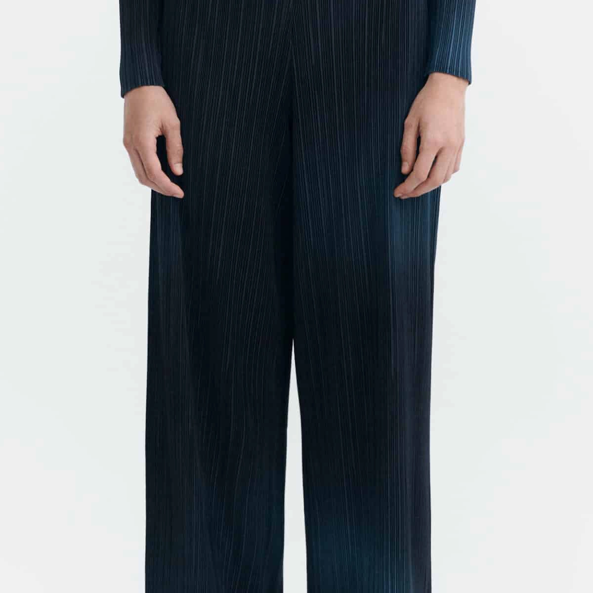 Hose, Damastoptik, Navy, Streifen, Weiteschnitt