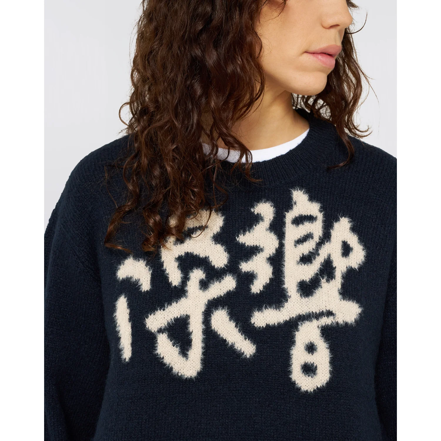 Strickpullover, Rundhalsausschnitt, Dunkelblau, Cremefarbenes Muster