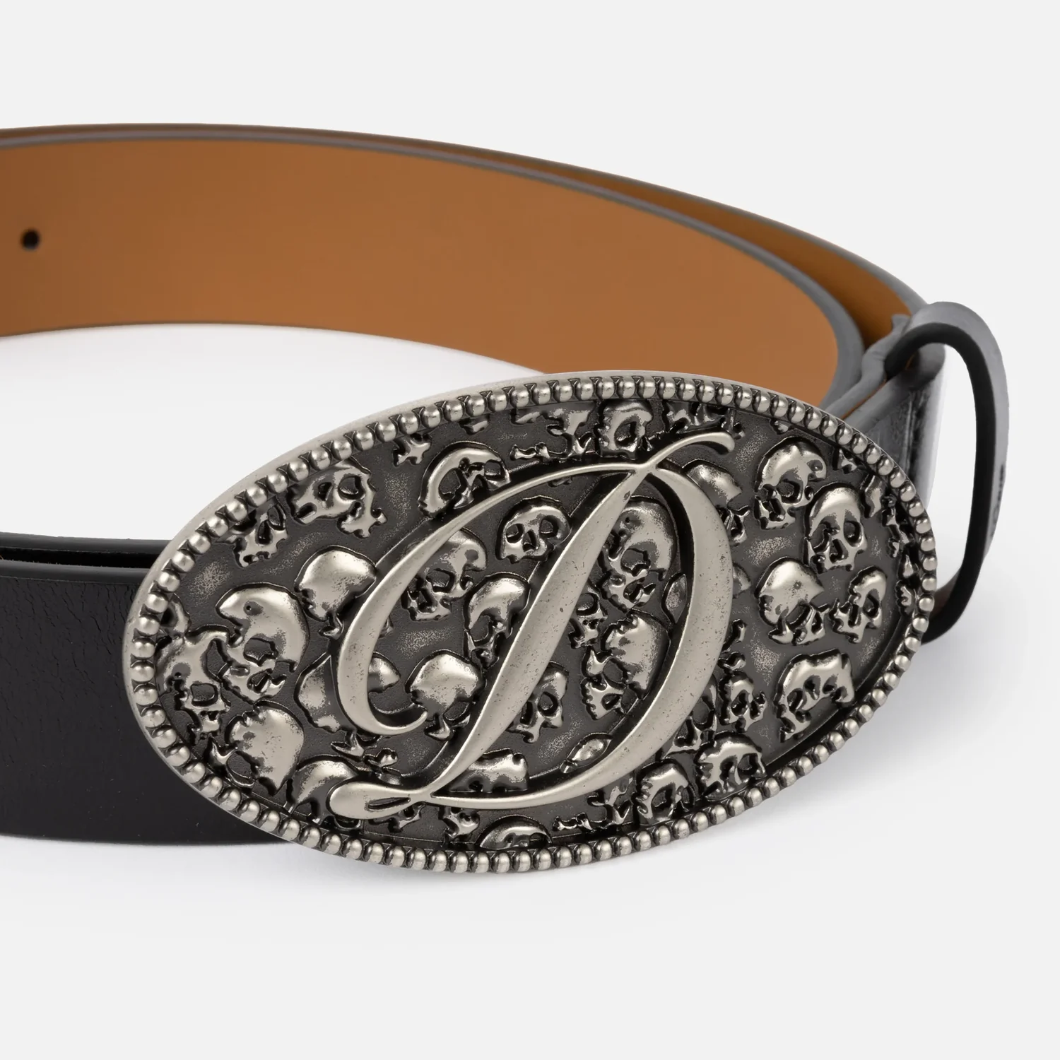 Skull Leather Belt Ceinture en cuir, cuir noir, boucle ovale, motif tête de mort, boucle métallique