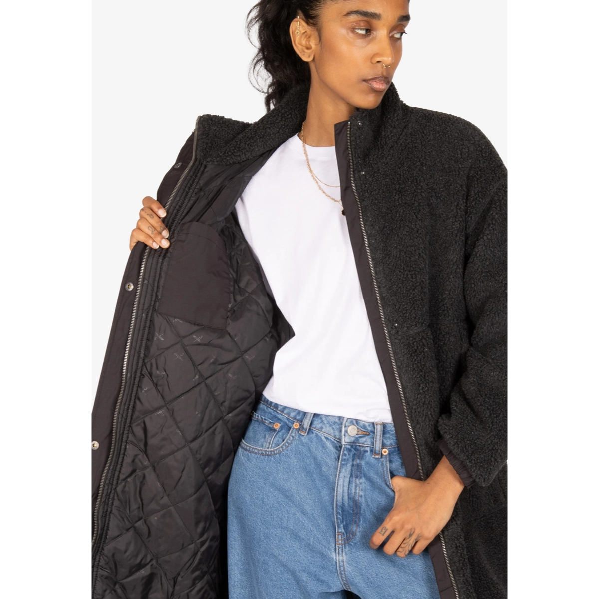Fluffy Teddy Coat jacke, bomberjacke, shearling, noir, jeans