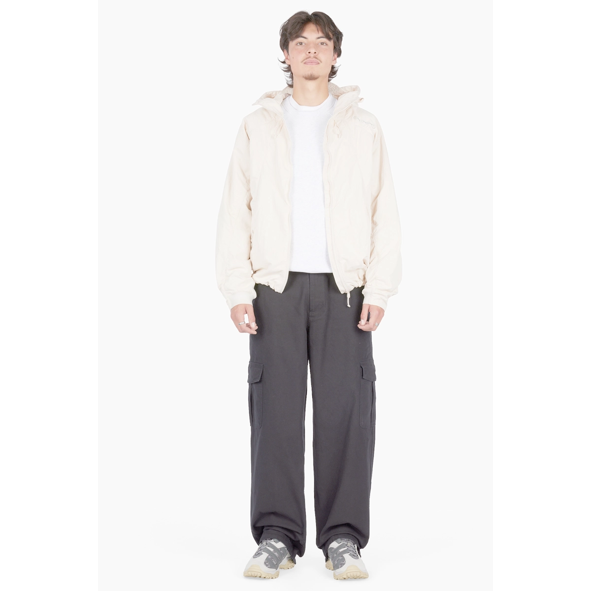 Veste, fermeture éclair, beige, coupe ample, haut basique, manteau, veste, beige, sweat à capuche -Look, veste à capuche