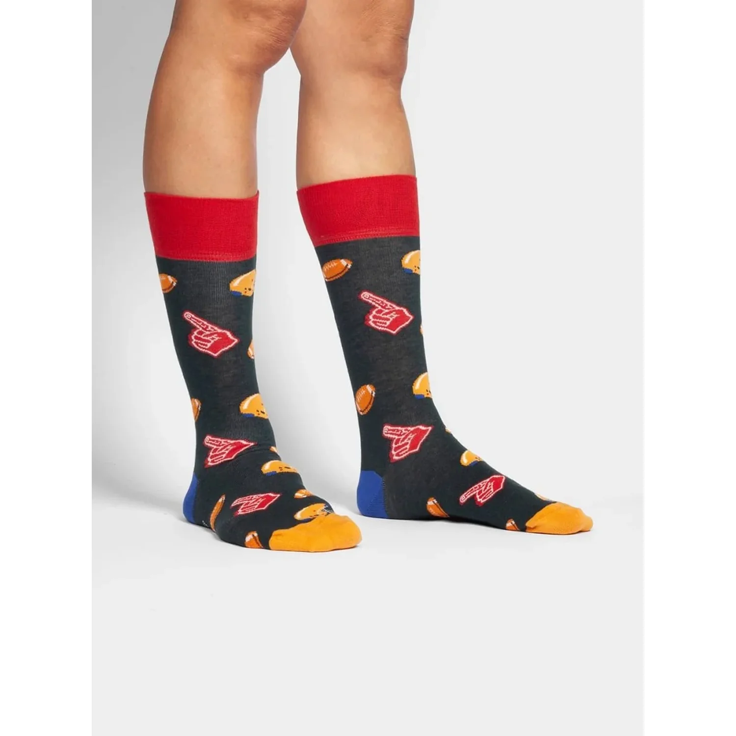 Chaussettes montant jusqu'aux genoux, gris foncé, bordure rouge, motif football, orteils colorés