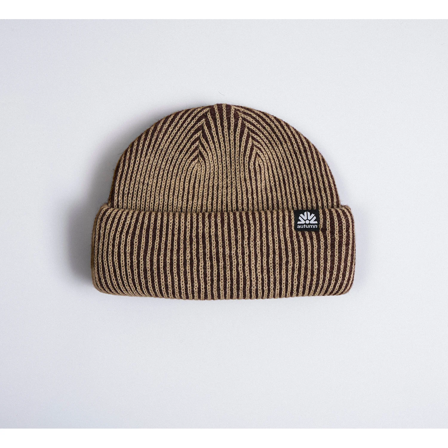 Cord Double Roll Bonnet en tricot, à revers, en côtes, marron-beige, à rayures