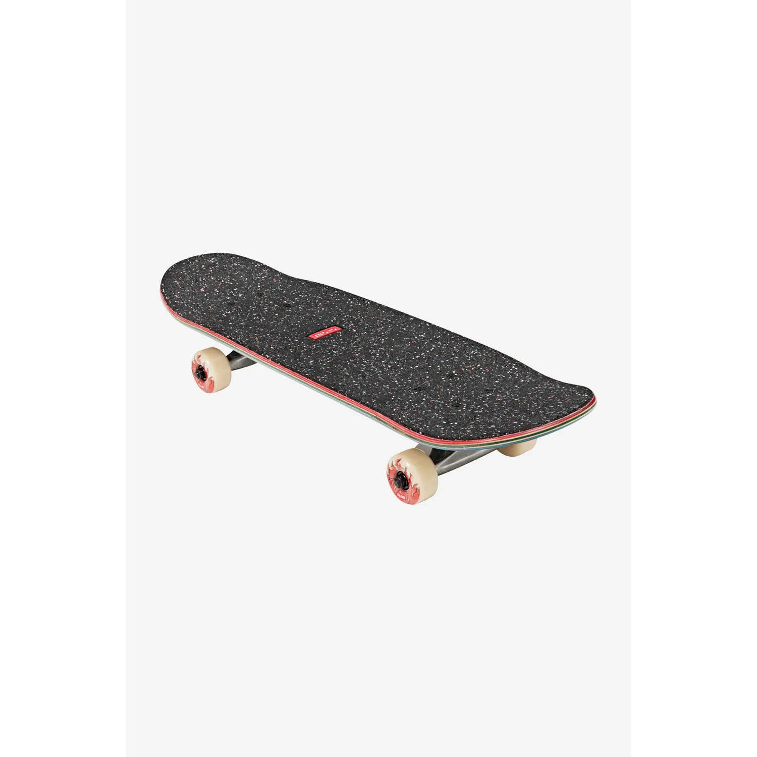 Skateboard, planche noire, motif moucheté, roues claires, planche multicouche