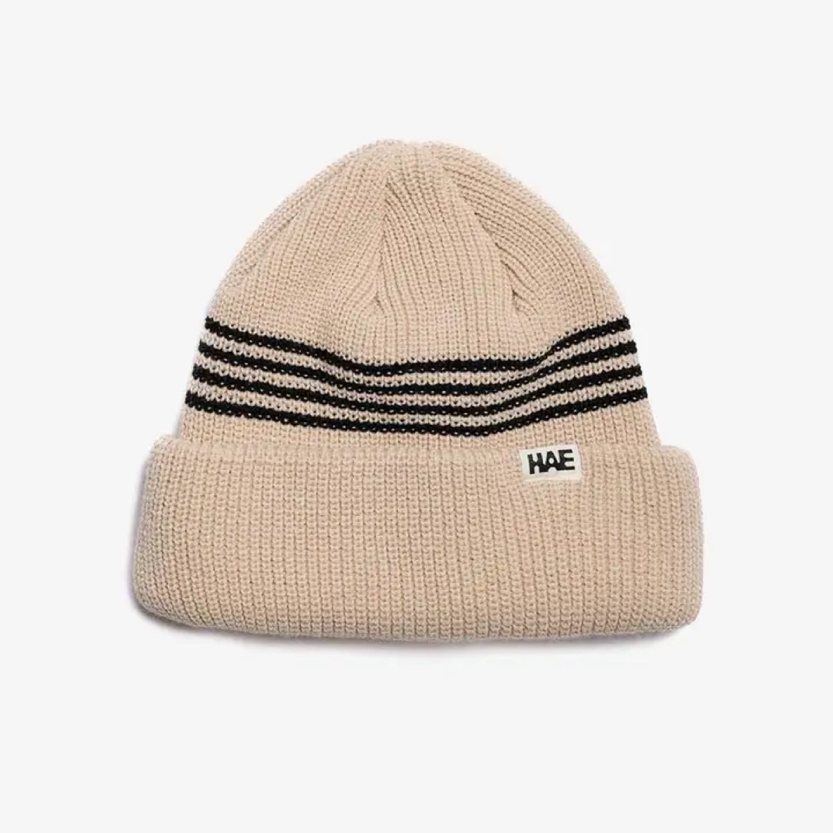Beanie, Knit, Beige, Stripes, Folded cuff