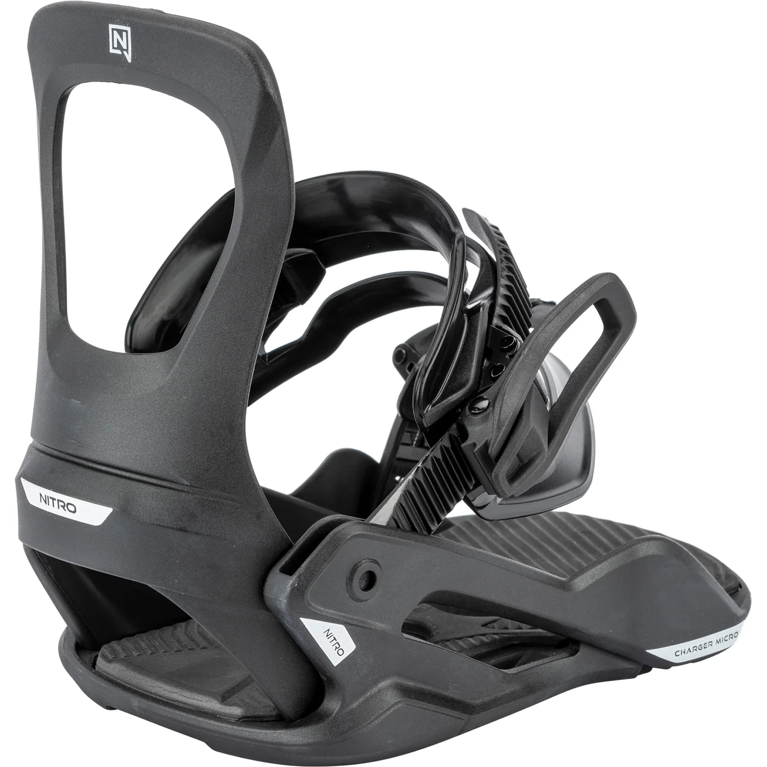 Fixation de snowboard, noire, en plastique, fermeture à cliquet, sangles de pied réglables
